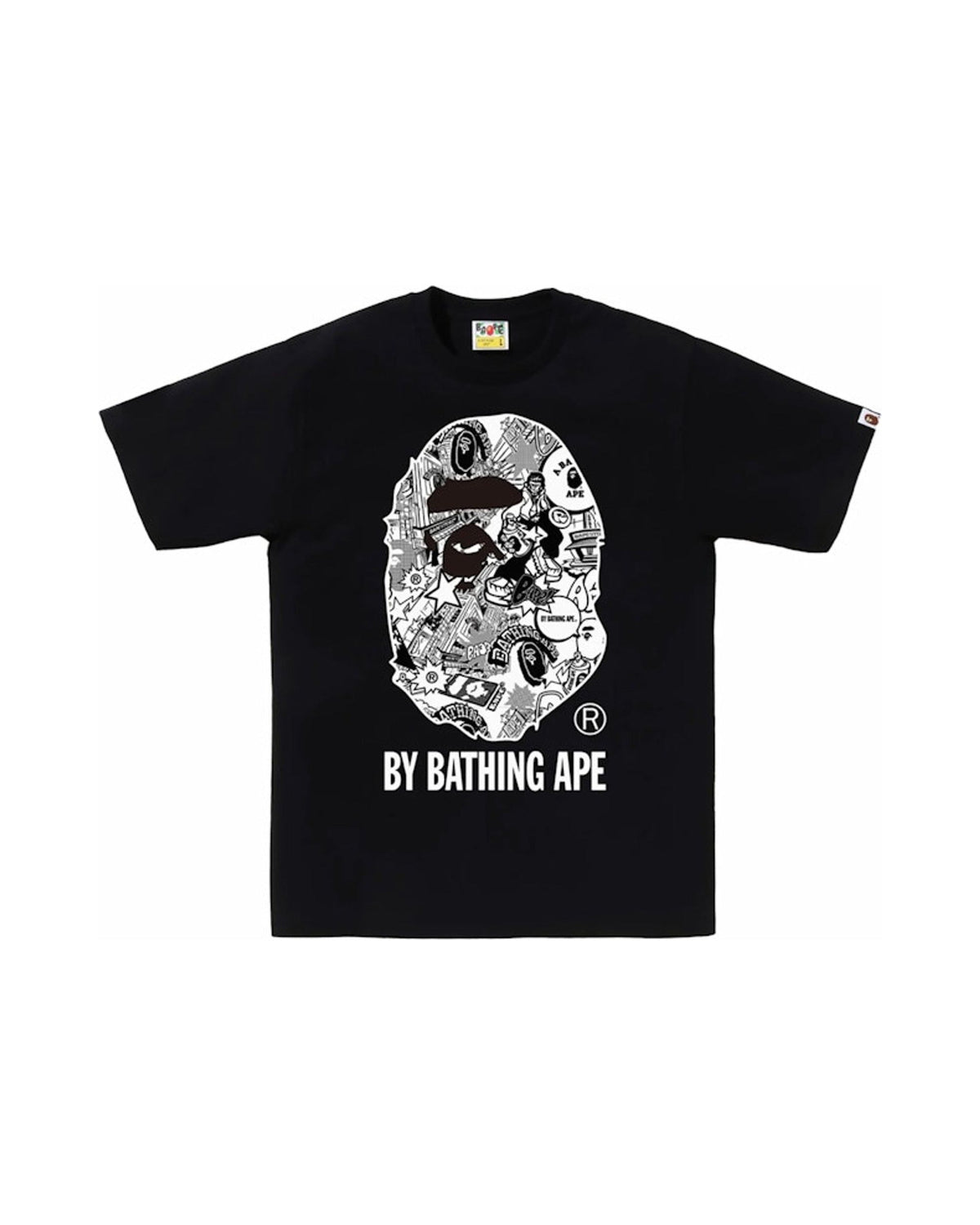 Musta BAPE Comic Art Ape Head -t-paita, edestä, valkoinen sarjakuvatäytteinen apinanpää ja BY BATHING APE -teksti