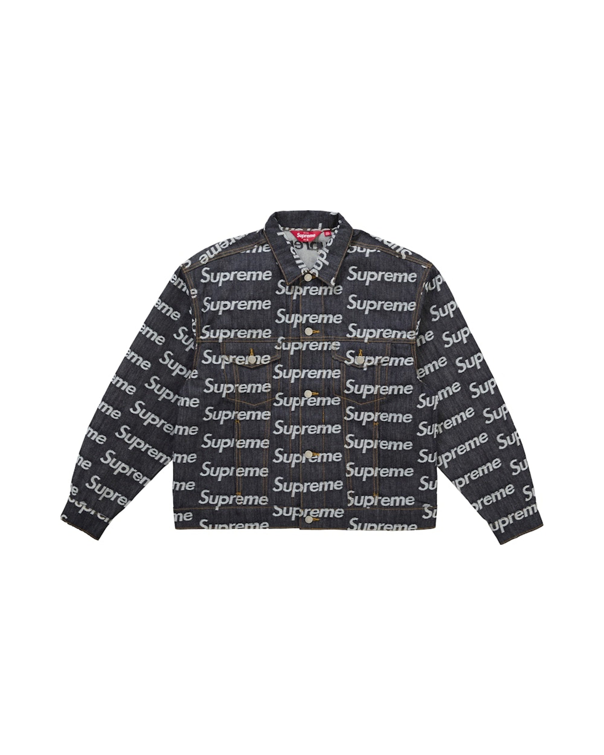 Supreme Jacquard Logos Denim Trucker Jacket Rigid Indigo