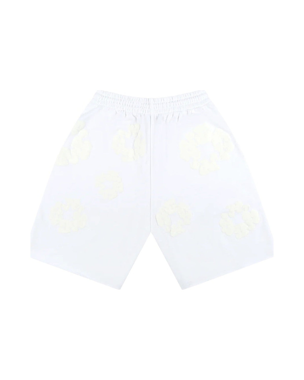 Denim Tears Mono Cotton Wreath Shorts valkoisena, takakuva jossa sävy sävyyn kohokuvioidut kukkaseppeleet ja kuminauhavyötärö