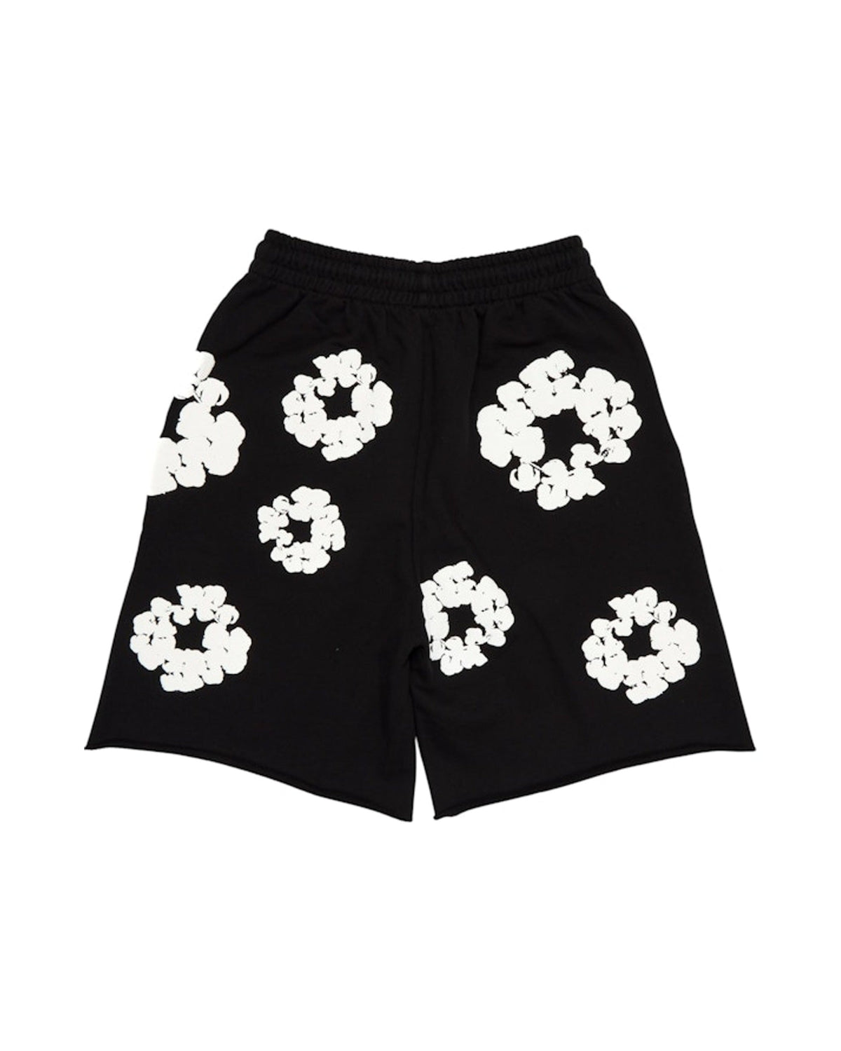 Denim Tears The Cotton Wreath Shorts mustana, valkoinen puuvillaseppele-printti, joustava vyötärö, edestä
