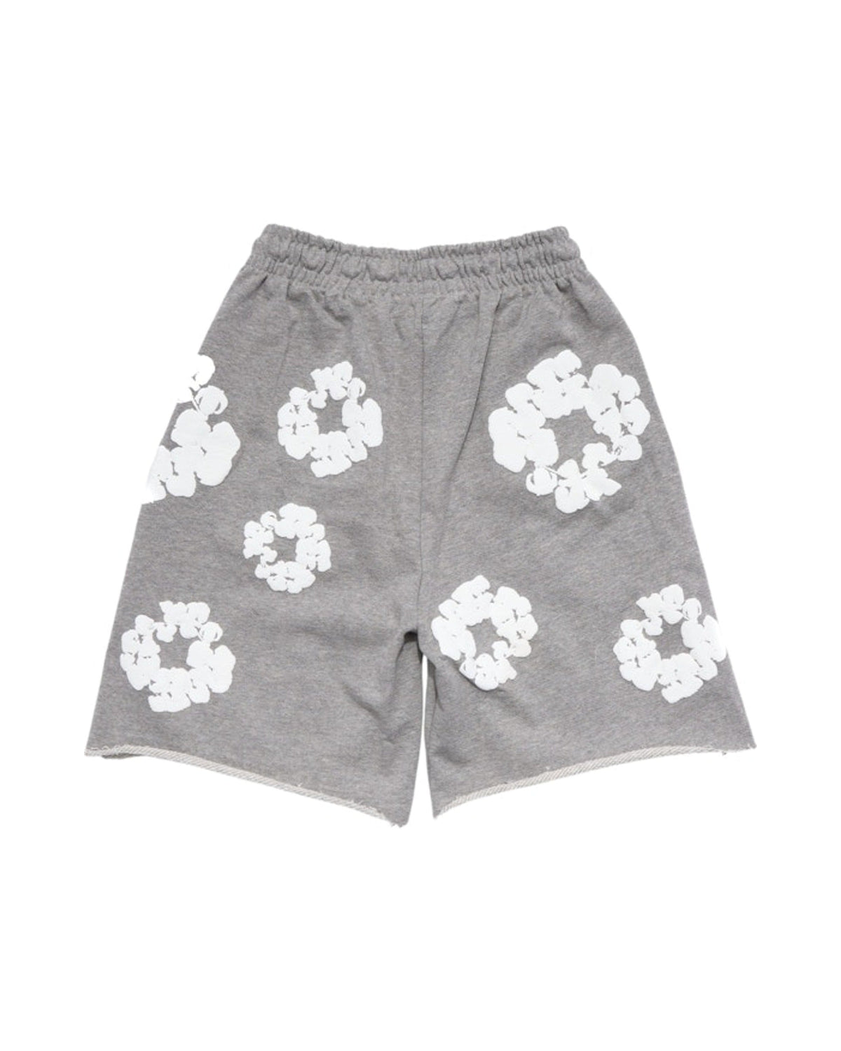 Denim Tears The Cotton Wreath Shorts harmaana, takaa kuvattuna, valkoiset cotton wreath -kuosit ja joustava vyötärö