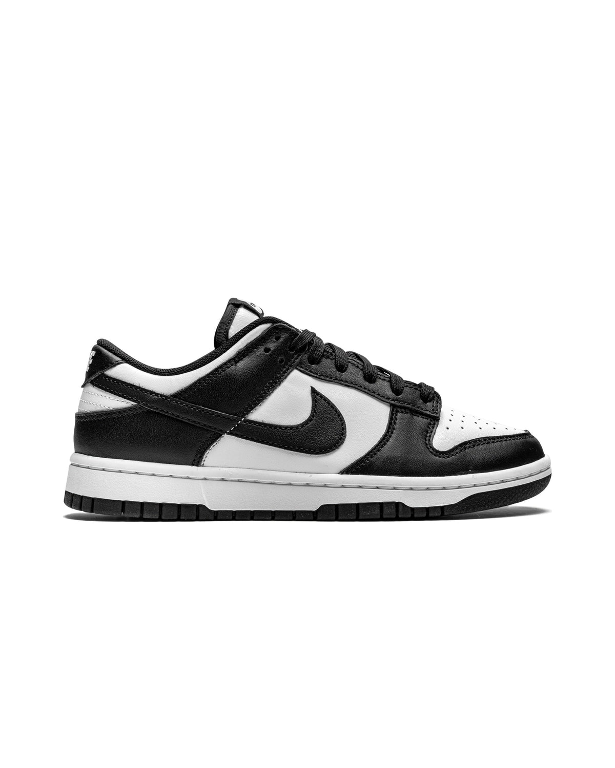 Nike Dunk Low Retro White Black Panda -sneaker sivuprofiilissa, valkoinen nahka ja musta swoosh