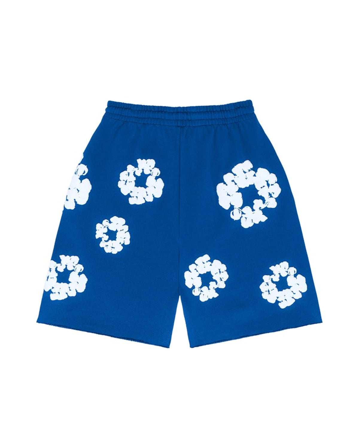 Denim Tears The Cotton Wreath Shorts royal blue, takakuva valkoisilla puuvillaseppele-printeillä ja kuminauhavyötäröllä