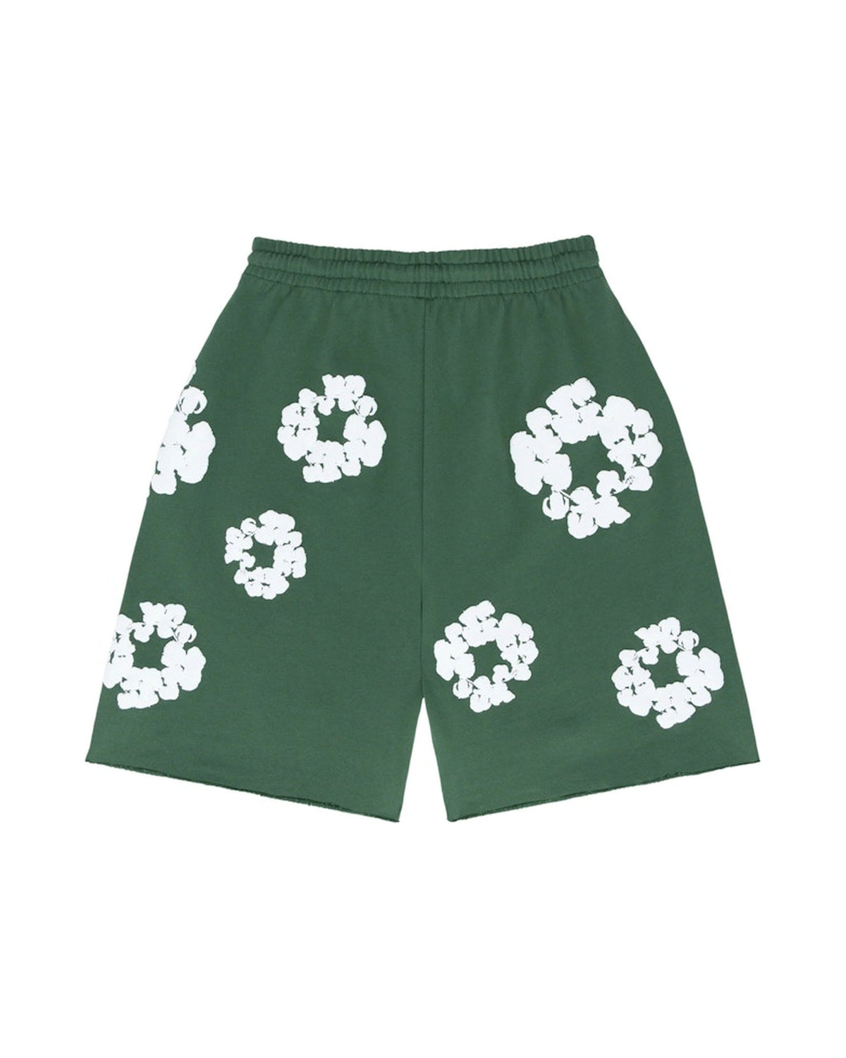 Denim Tears The Cotton Wreath Shorts vihreänä, valkoinen puuvillaseppelekuosi, takakuva joustavalla vyötäröllä