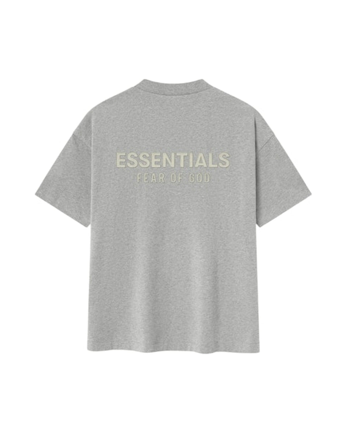 Fear of God Essentials Classic Tee Concrete Heather, takakuva ESSENTIALS FEAR OF GOD -tekstillä, harmaa oversized t-paita
