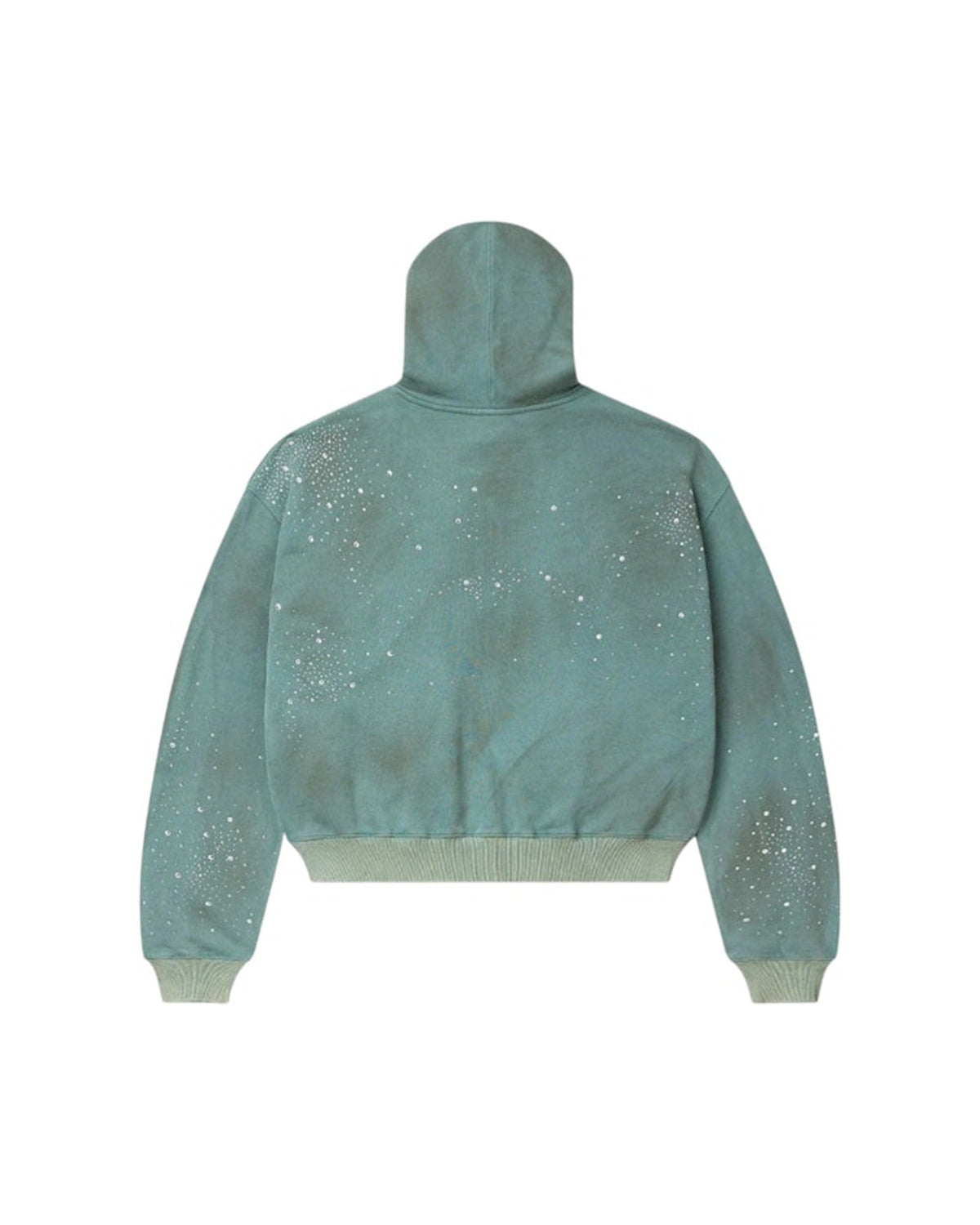 Vale Forever Bank Zip Up Hoodie Dark Mint takaa, huppu ylhäällä ja hopeaiset roiskekuviot hihoilla ja selässä